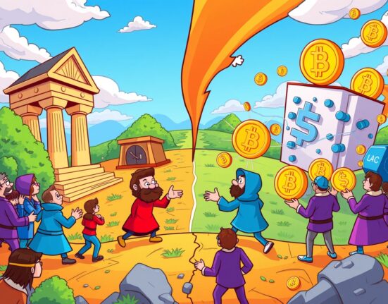 Senator Lummis defending crypto policy against traditional banking opposition in vibrant illustration