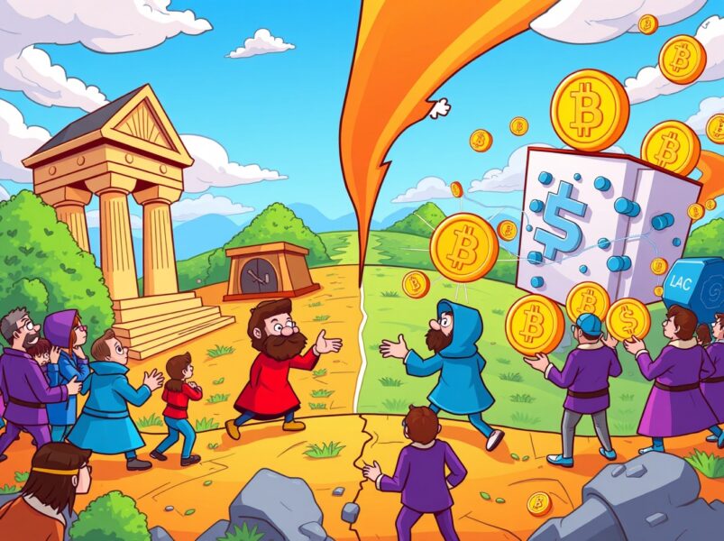 Senator Lummis defending crypto policy against traditional banking opposition in vibrant illustration