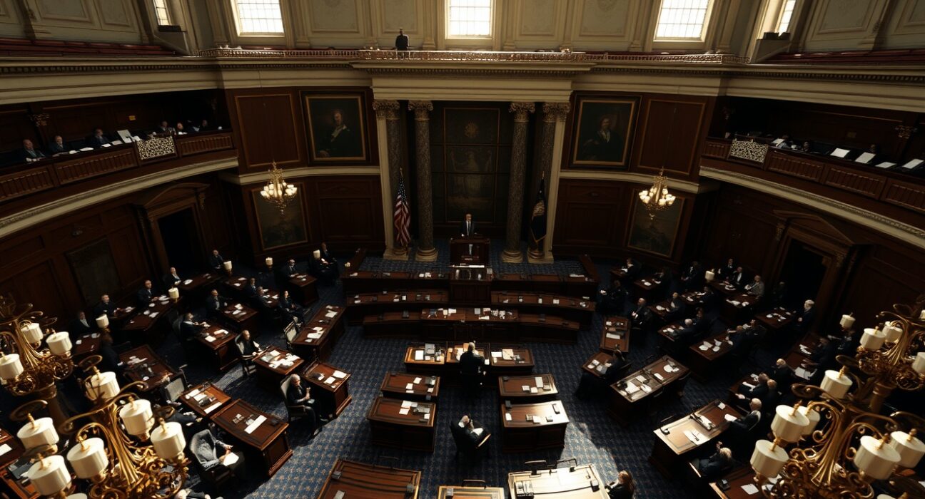 Interior of the U.S. Senate chamber during a legislative session with senators at desks.