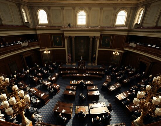 Interior of the U.S. Senate chamber during a legislative session with senators at desks.