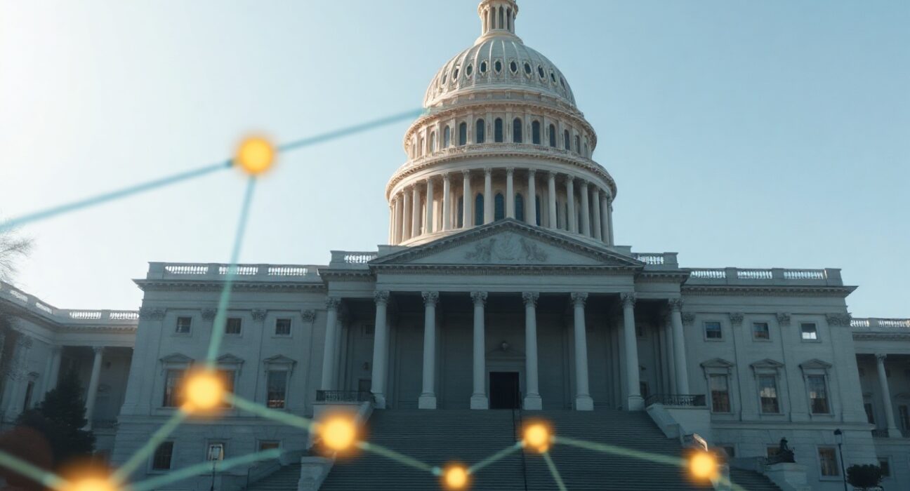 U.S. Capitol building with digital network symbols representing cryptocurrency regulation and digital asset policy.