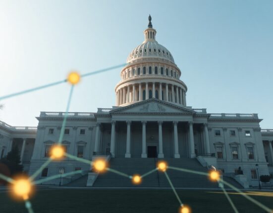 U.S. Capitol building with digital network symbols representing cryptocurrency regulation and digital asset policy.