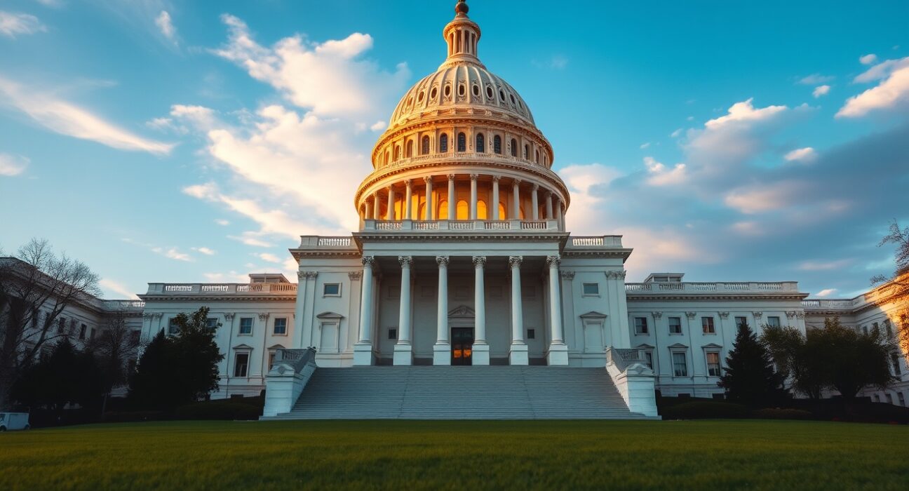US Capitol building at golden hour, representing federal crypto policy and legislative authority.