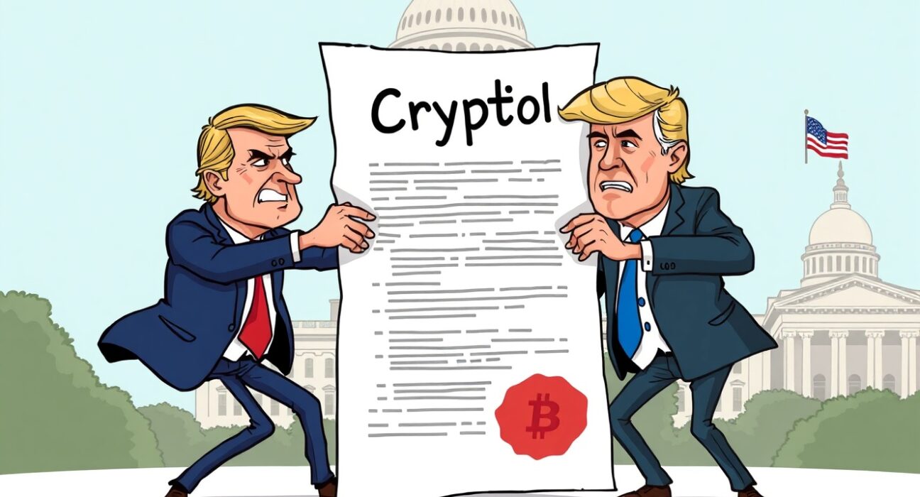 Cartoon illustration of the explosive clash over the crypto bill ethics clause between a senator and the White House.