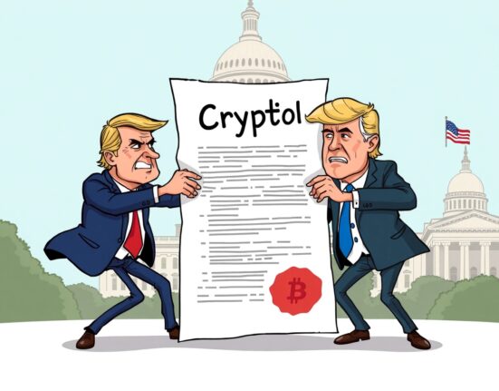 Cartoon illustration of the explosive clash over the crypto bill ethics clause between a senator and the White House.