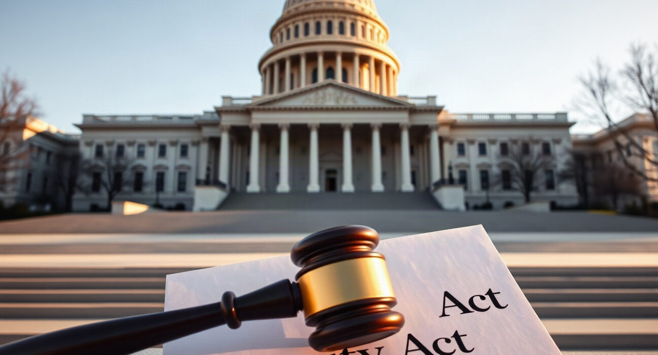U.S. Capitol Building with a gavel and Clarity Act document in foreground
