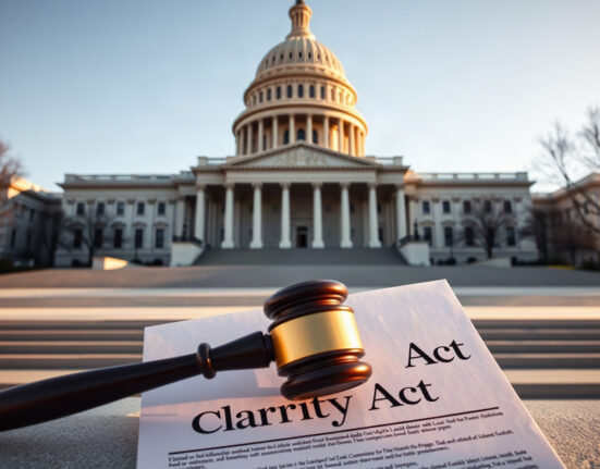 U.S. Capitol Building with a gavel and Clarity Act document in foreground