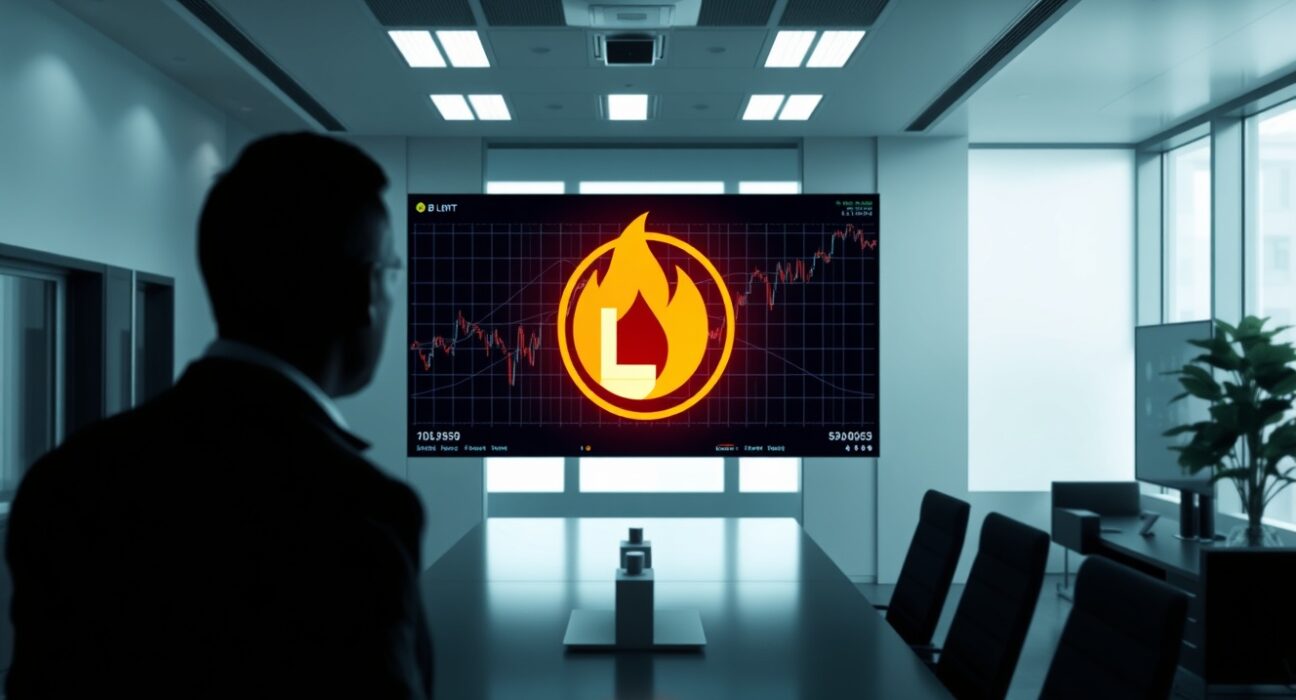 Professional looking at digital screen showing LIT token burn symbol with financial charts in background