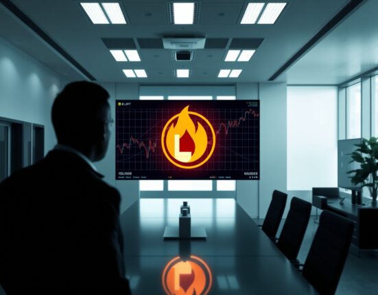 Professional looking at digital screen showing LIT token burn symbol with financial charts in background