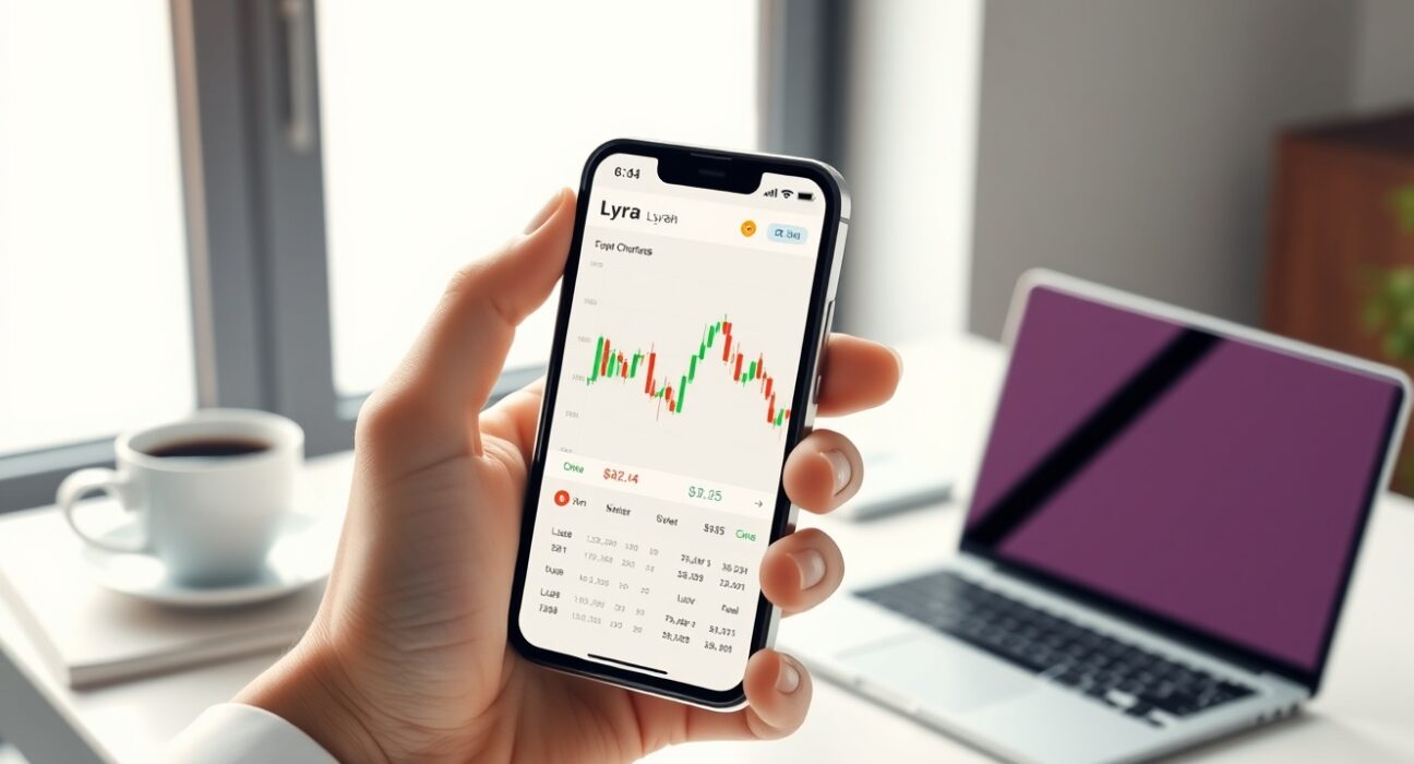 Lyra V2 mobile app interface on a smartphone, showcasing decentralized perpetual futures trading features.