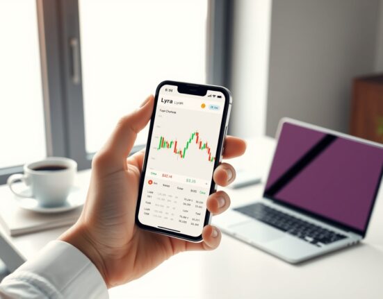Lyra V2 mobile app interface on a smartphone, showcasing decentralized perpetual futures trading features.