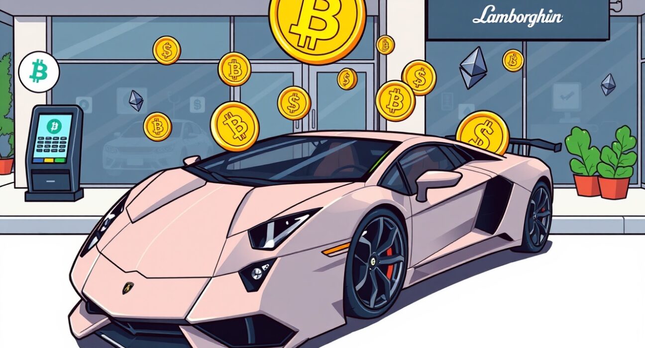 Cartoon illustration of crypto payments for a Lamborghini supercar at a dealership.