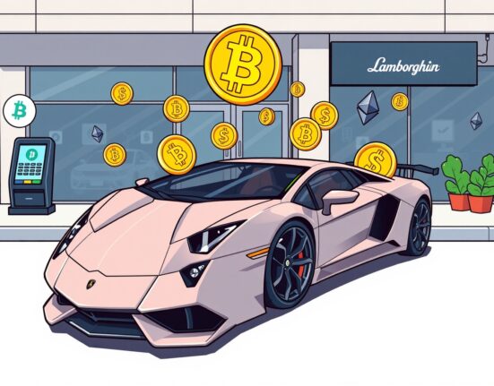 Cartoon illustration of crypto payments for a Lamborghini supercar at a dealership.
