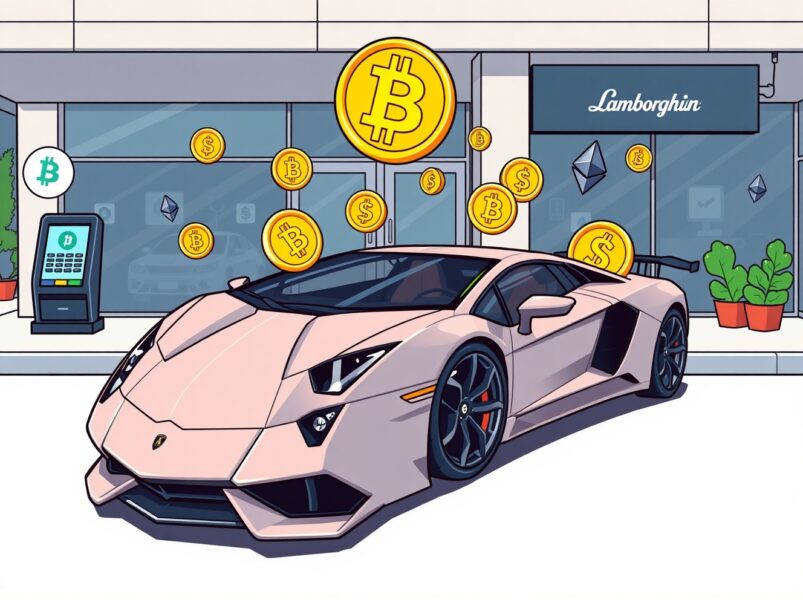 Cartoon illustration of crypto payments for a Lamborghini supercar at a dealership.
