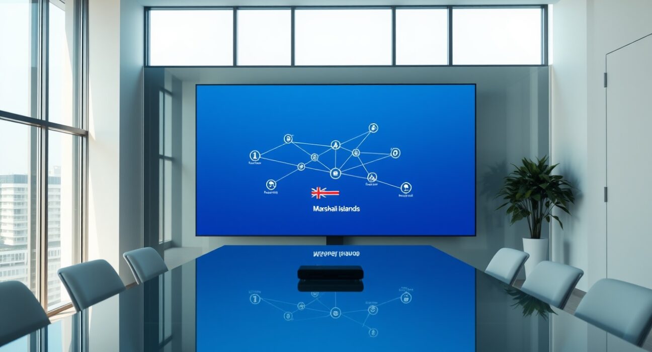 Modern financial office with digital blockchain display and Marshall Islands flag
