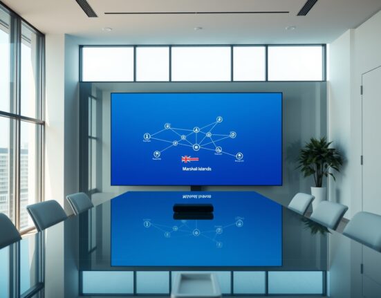 Modern financial office with digital blockchain display and Marshall Islands flag