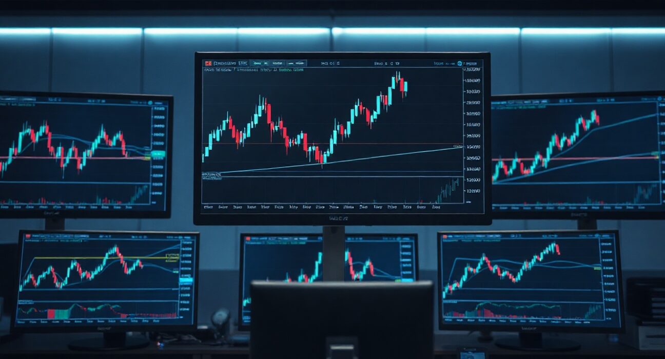 Trading monitors displaying mACD indicator on crypto charts with liquidity zone highlights