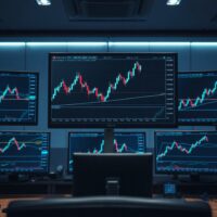 Trading monitors displaying mACD indicator on crypto charts with liquidity zone highlights