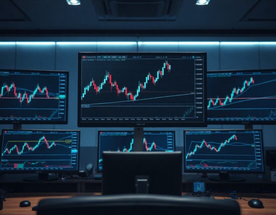 Trading monitors displaying mACD indicator on crypto charts with liquidity zone highlights