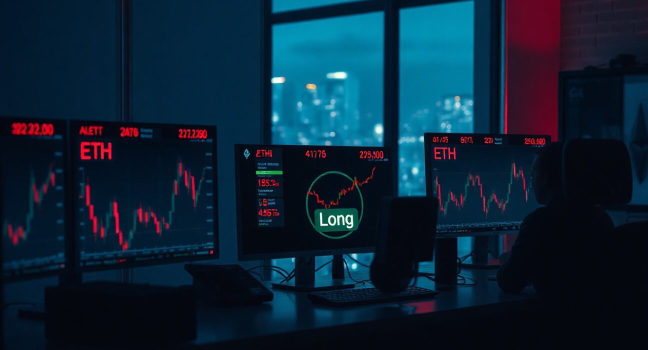 Trading desk monitors showing Ethereum price charts and liquidation alerts