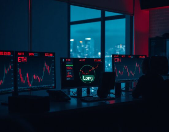 Trading desk monitors showing Ethereum price charts and liquidation alerts