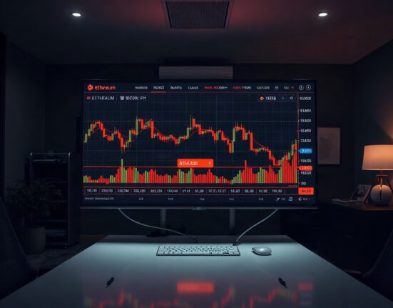 Trading screen showing Ethereum and Bitcoin charts with liquidation prices highlighted