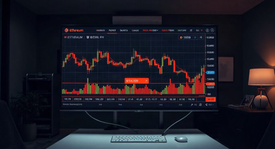 Trading screen showing Ethereum and Bitcoin charts with liquidation prices highlighted
