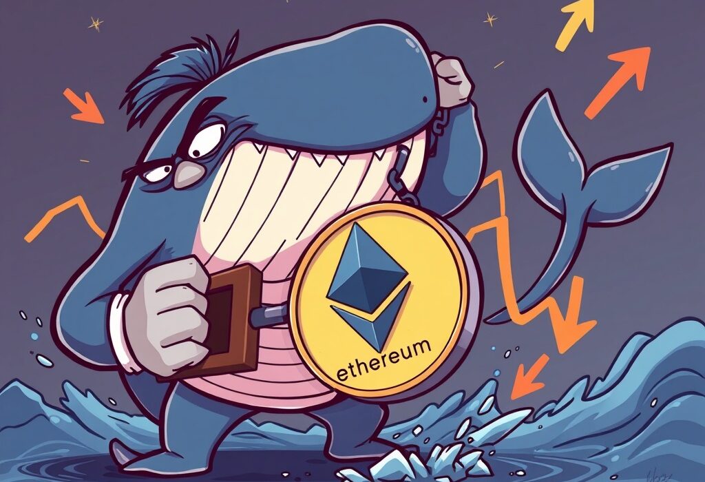 A cartoon illustration showing a whale making a significant Machi ETH short bet, impacting Ethereum's price on a chart.