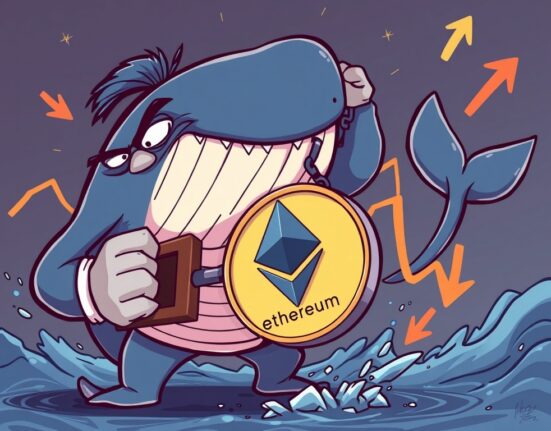 A cartoon illustration showing a whale making a significant Machi ETH short bet, impacting Ethereum's price on a chart.