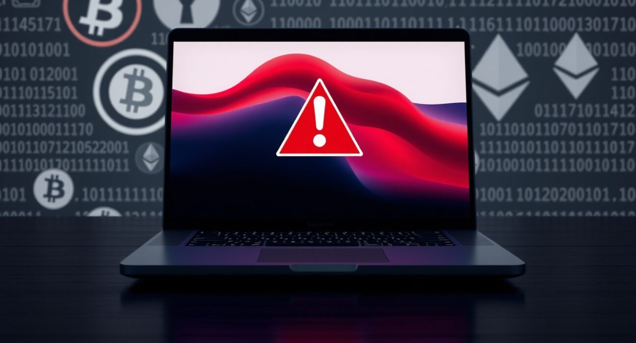 macOS malware warning alert on a MacBook screen with cryptocurrency symbols in the background, representing crypto wallet theft threat