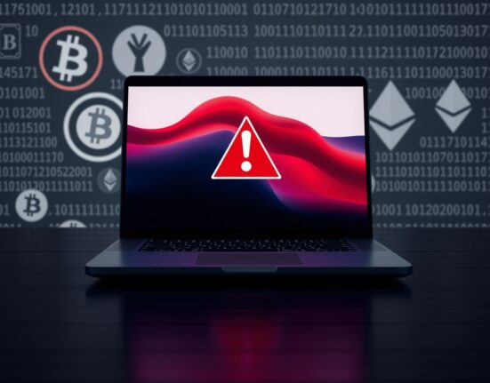 macOS malware warning alert on a MacBook screen with cryptocurrency symbols in the background, representing crypto wallet theft threat