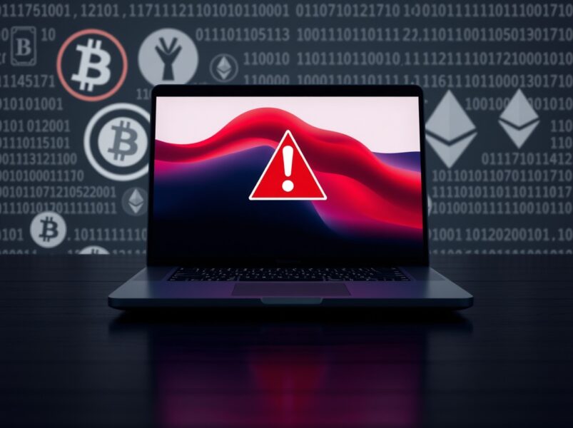 macOS malware warning alert on a MacBook screen with cryptocurrency symbols in the background, representing crypto wallet theft threat