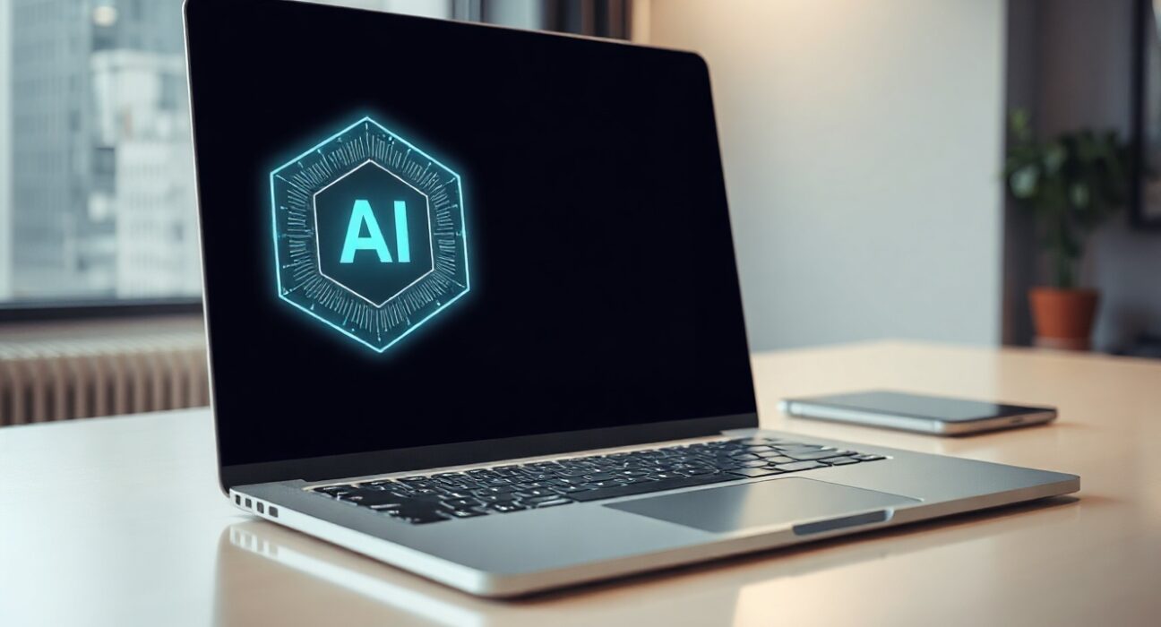Laptop with AI interface representing on-device processing for MacPaw apps