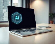 Laptop with AI interface representing on-device processing for MacPaw apps