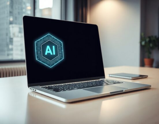 Laptop with AI interface representing on-device processing for MacPaw apps