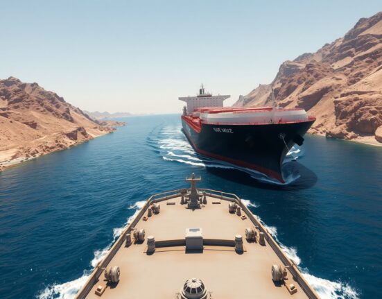 Oil tanker navigating the strategic Strait of Hormuz amid geopolitical tensions affecting oil price forecasts.