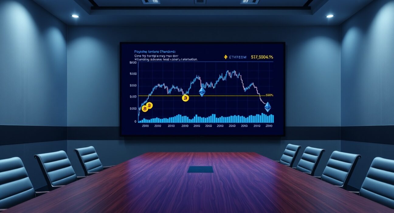 Boardroom with digital screen showing declining Bitcoin and Ethereum chart