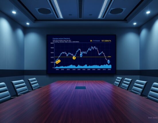 Boardroom with digital screen showing declining Bitcoin and Ethereum chart