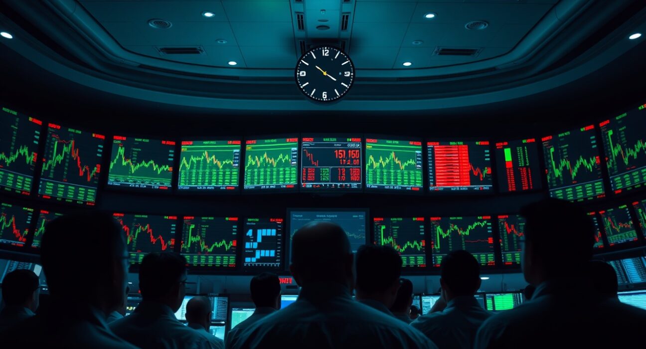 Traders watching financial charts on large screens in a dimly lit trading floor