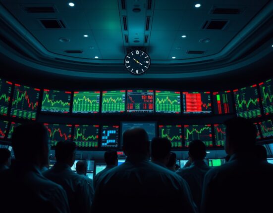 Traders watching financial charts on large screens in a dimly lit trading floor