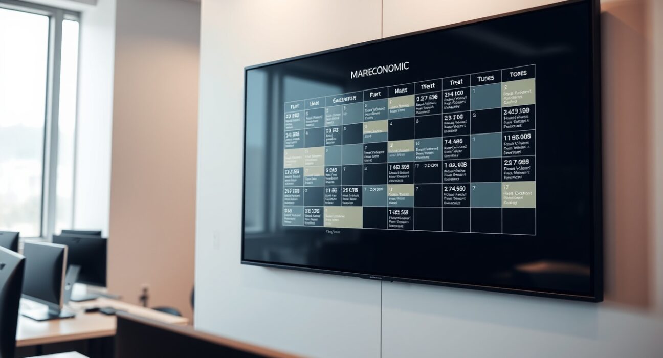 Digital calendar screen displaying key macroeconomic events for the third week of May in a professional newsroom setting.