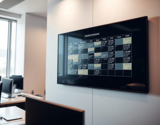 Digital calendar screen displaying key macroeconomic events for the third week of May in a professional newsroom setting.