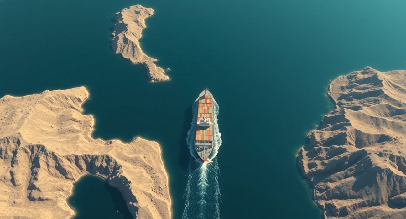 Aerial view of a ship navigating the strategic Strait of Hormuz chokepoint.