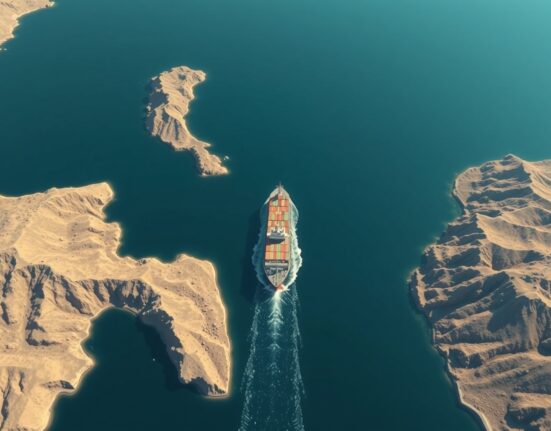 Aerial view of a ship navigating the strategic Strait of Hormuz chokepoint.