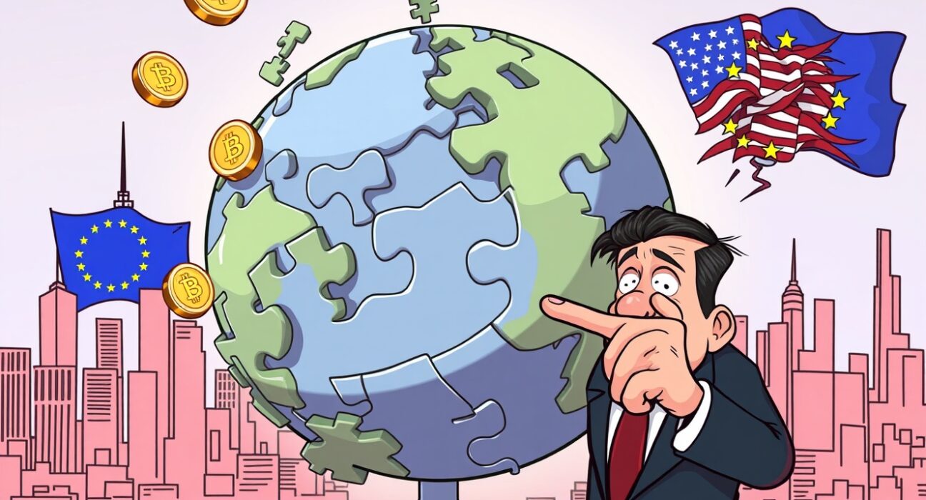 Cartoon of a leader warning that weak crypto regulations threaten global financial stability.