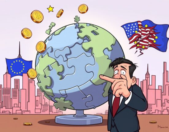 Cartoon of a leader warning that weak crypto regulations threaten global financial stability.