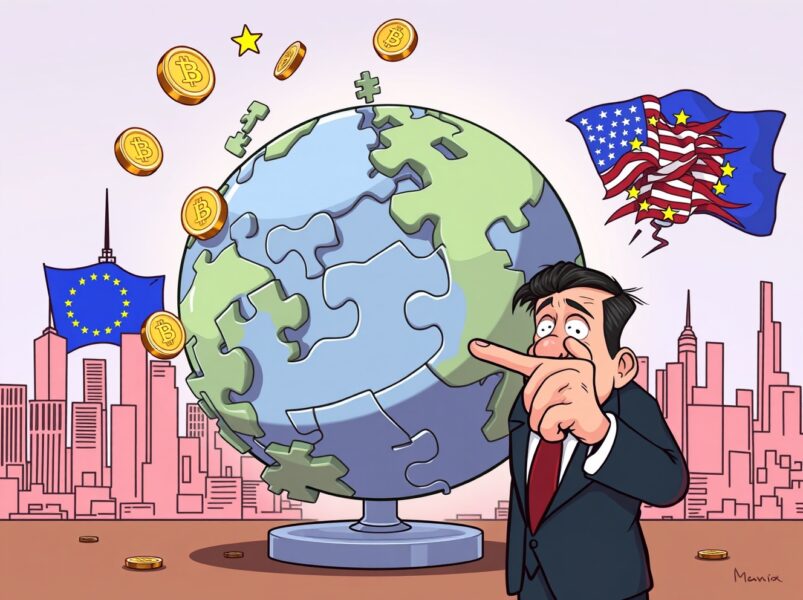 Cartoon of a leader warning that weak crypto regulations threaten global financial stability.