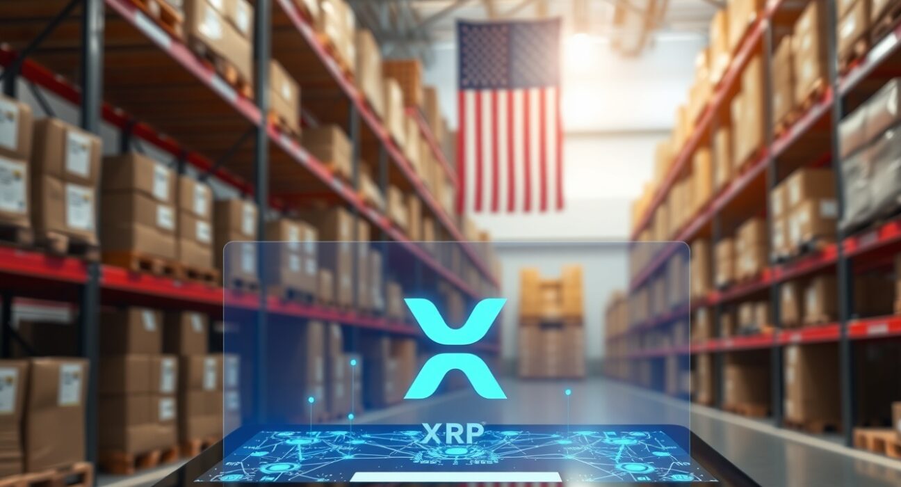 Digital blockchain interface with XRP Ledger logo in a US supply chain warehouse setting