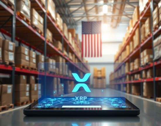Digital blockchain interface with XRP Ledger logo in a US supply chain warehouse setting