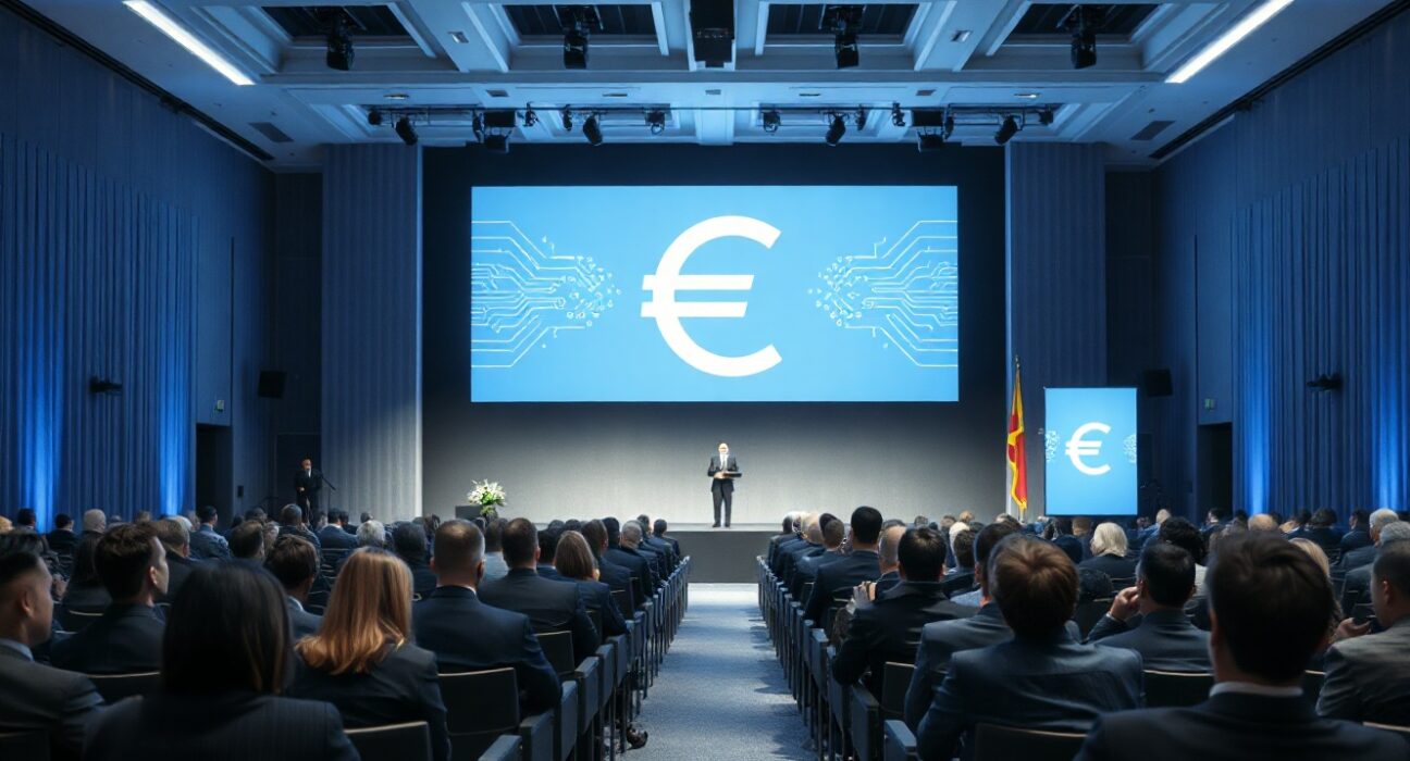 Audience at a banking conference in Madrid with a digital euro symbol on screen